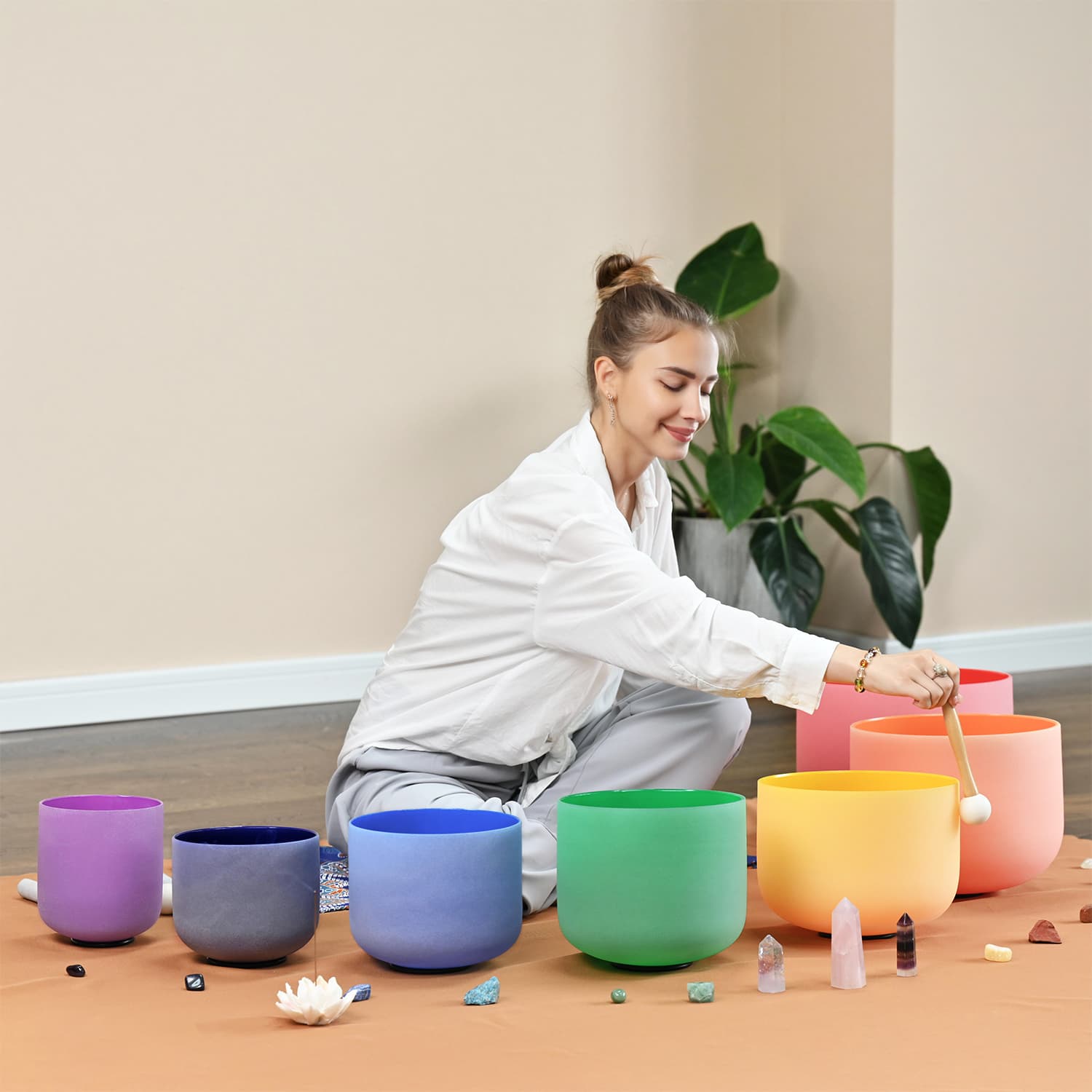 CVNC 7 PCS 6-12 Inch Colored Frosted Crystal Singing Bowl Set With Carrier Bag For Sound Bath Meditation