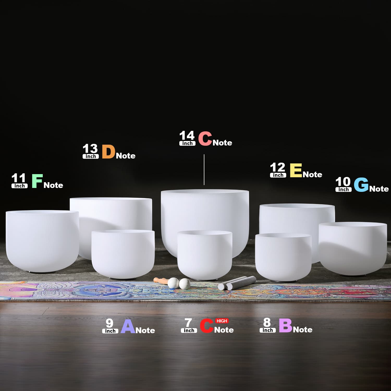 CVNC 8 PCS 7-14 Inch Frosted Crystal Singing Bowl Set With Carrier Bag For Chakra Healing Meditation