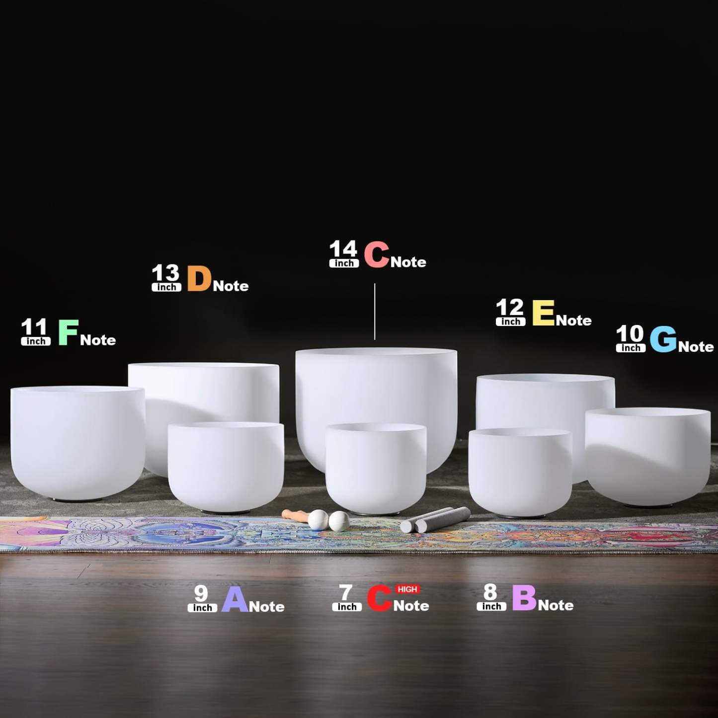 CVNC 8 PCS 7-14 Inch Frosted Crystal Singing Bowl Set With Carrier Bag For Chakra Healing Meditation