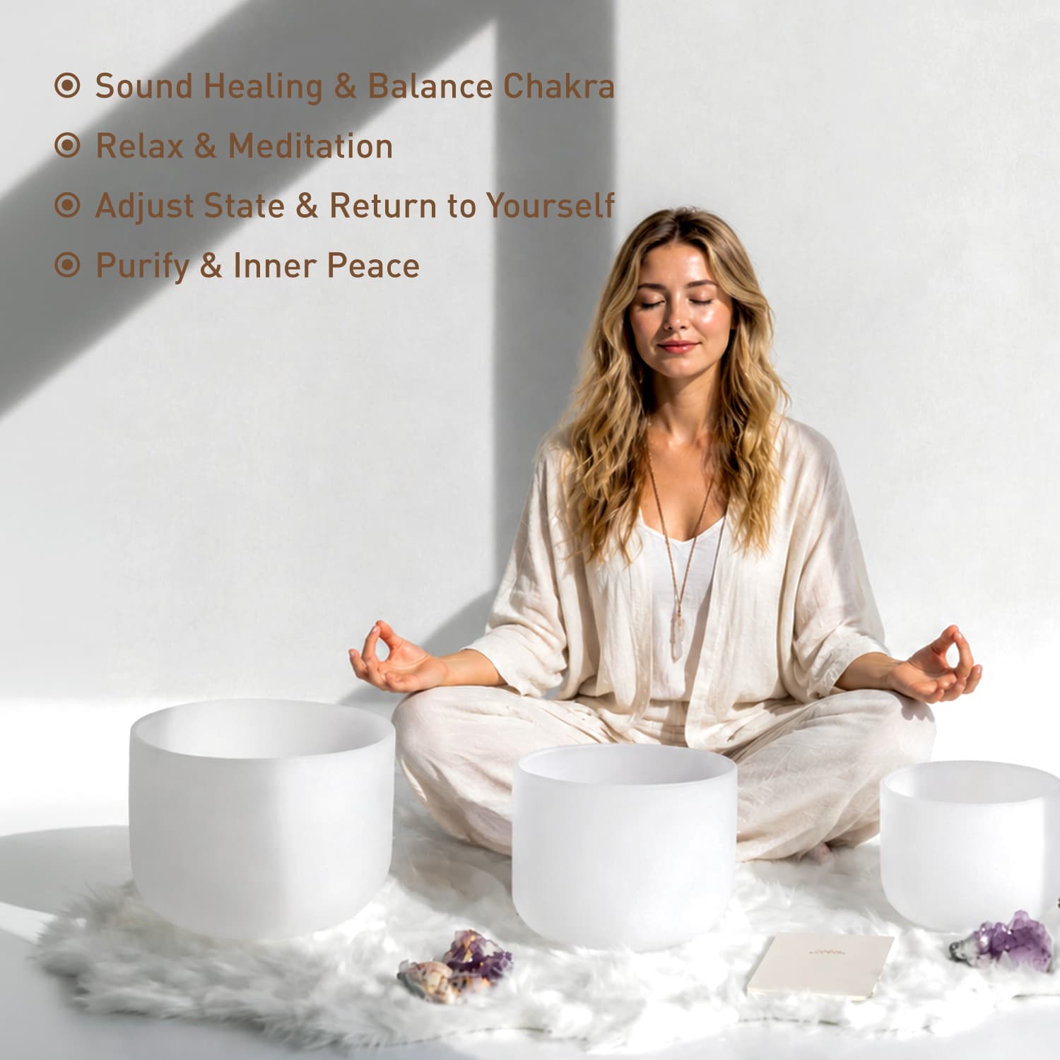 CVNC 7"G 9"E 11"C Frosted Quartz Crystal Singing Bowl Set With Carrier Bag For Sound Healing