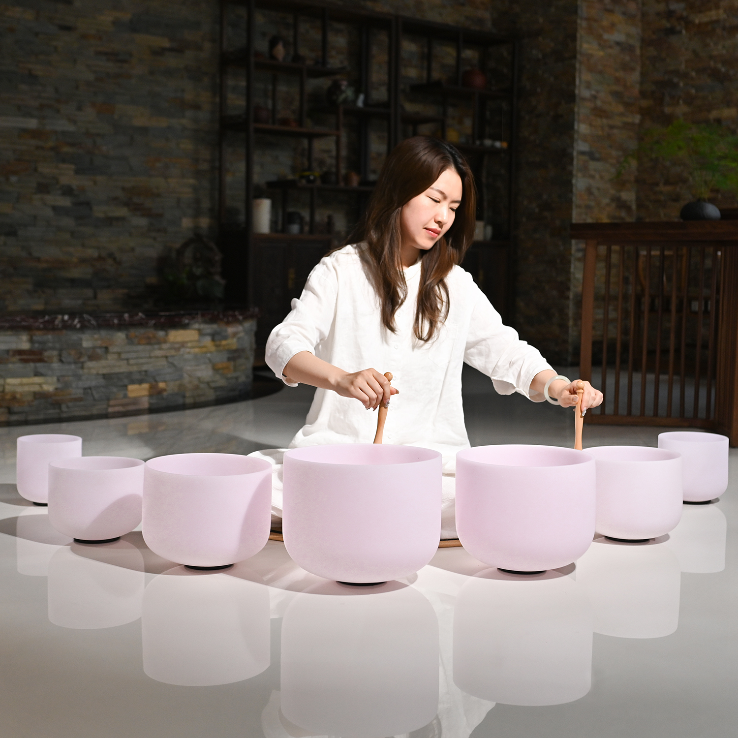 CVNC 7 PCS Pink Gemstone Fusion Crystal Singing Bowl Set With Carrier Bag