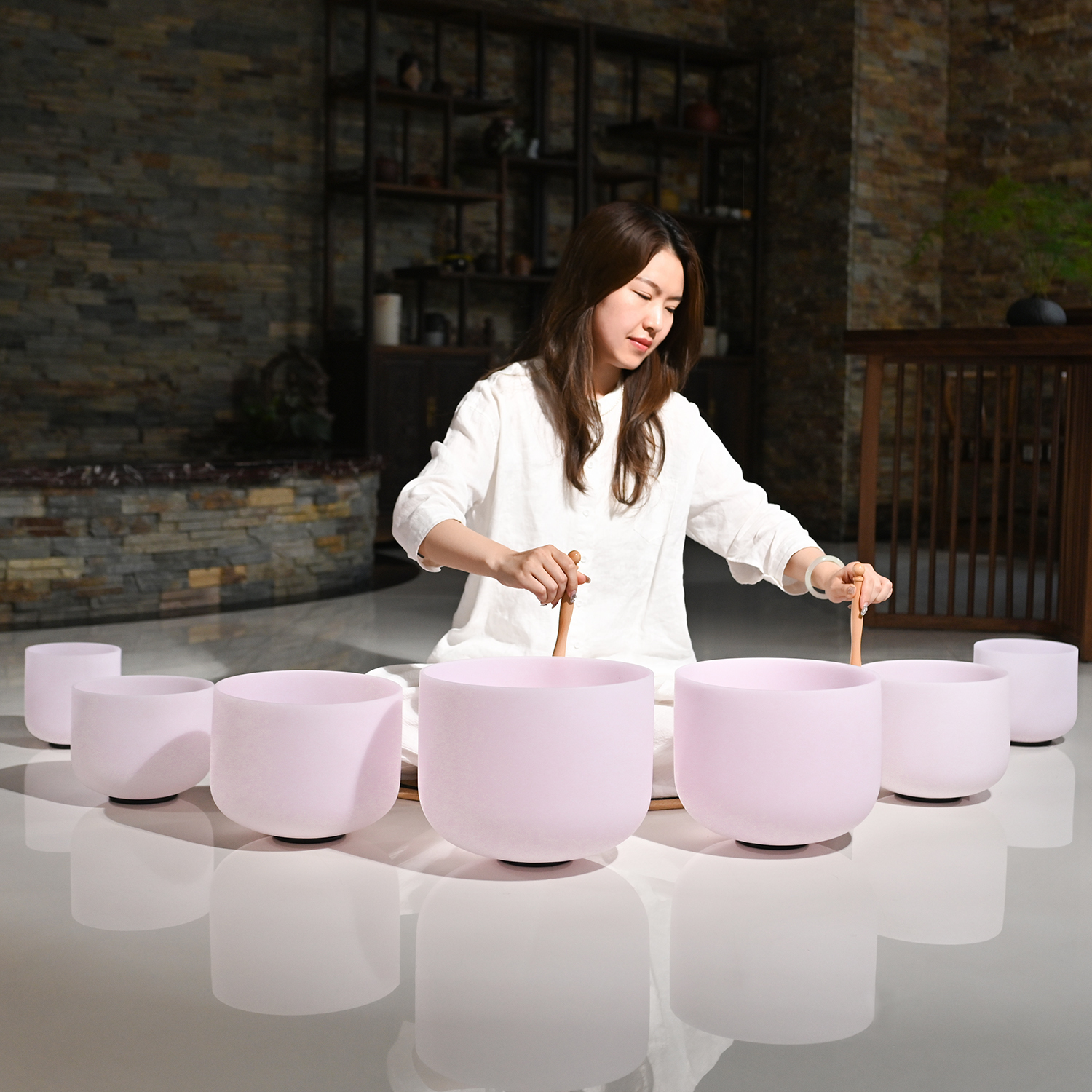 CVNC 7 PCS Pink Gemstone Fusion Crystal Singing Bowl Set With Carrier Bag
