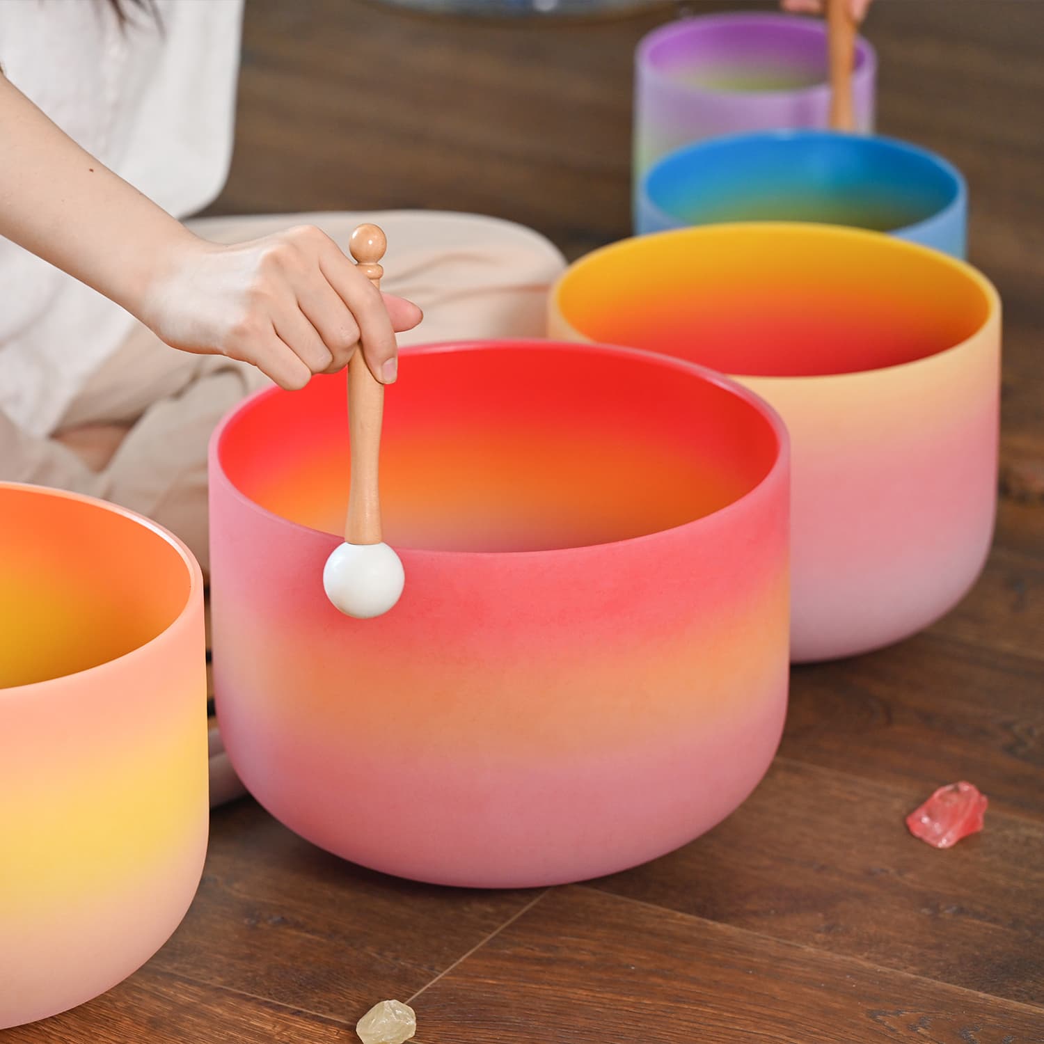 CVNC 8-14 Inch Rainbow Color Frosted Quartz Crystal Singing Bowl Set With Carrier Bag For Sound Healing