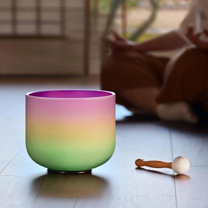 CVNC B Note Crown Chakra Rainbow Colored Frosted Crystal Singing Bowl For Chakra Healing Meditation