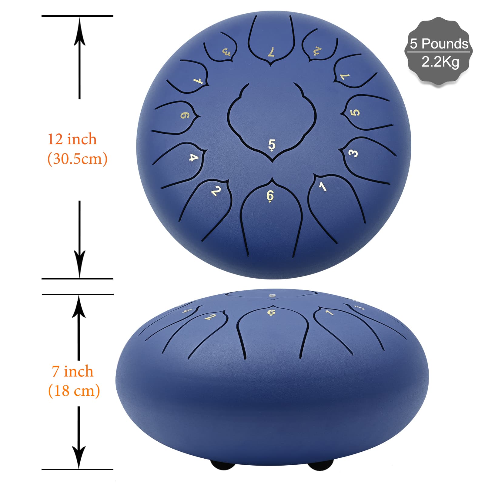 CVNC 12 Inches 13 Notes Blue Lotus Steel Tongue Drum Percussion Instrument Hand Pan Drum with Free Padded Travel Bag & Mallets