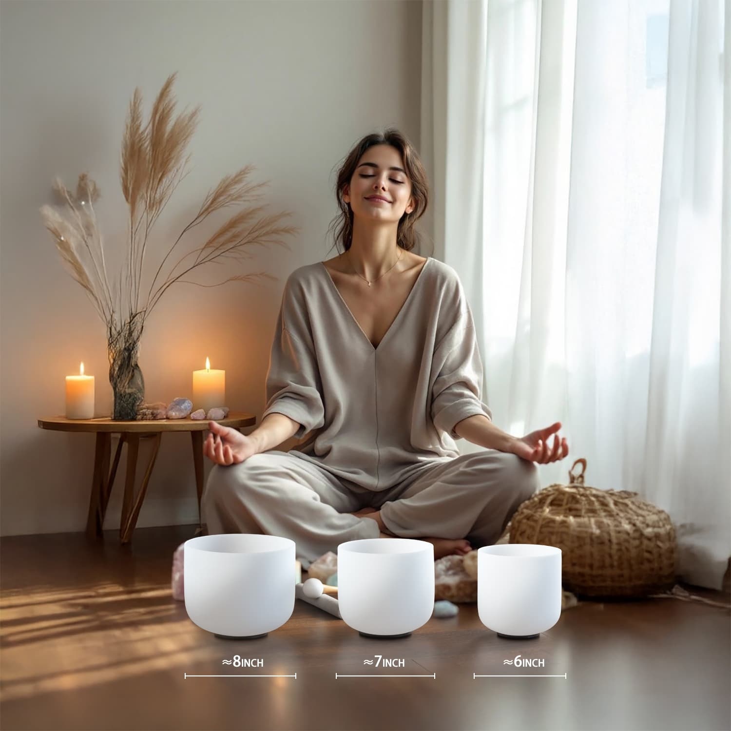 CVNC 6"A 7"C 8"F  Frosted Quartz Crystal Singing Bowl Set With Carrier Bag