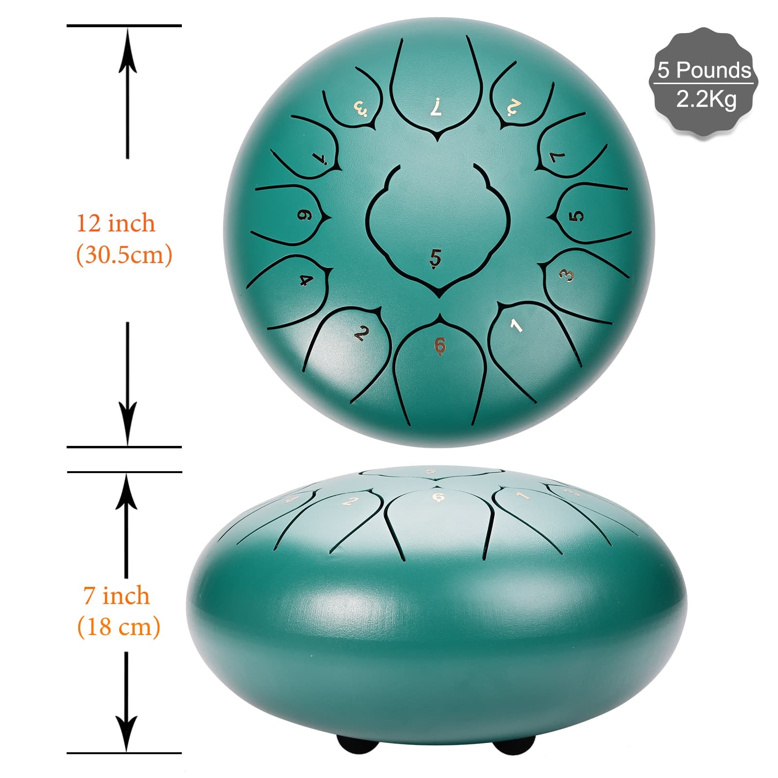 CVNC 12 Inches 13 Notes Green Lotus Steel Tongue Drum Percussion Instrument Hand Pan Drum with Free Padded Travel Bag & Mallets