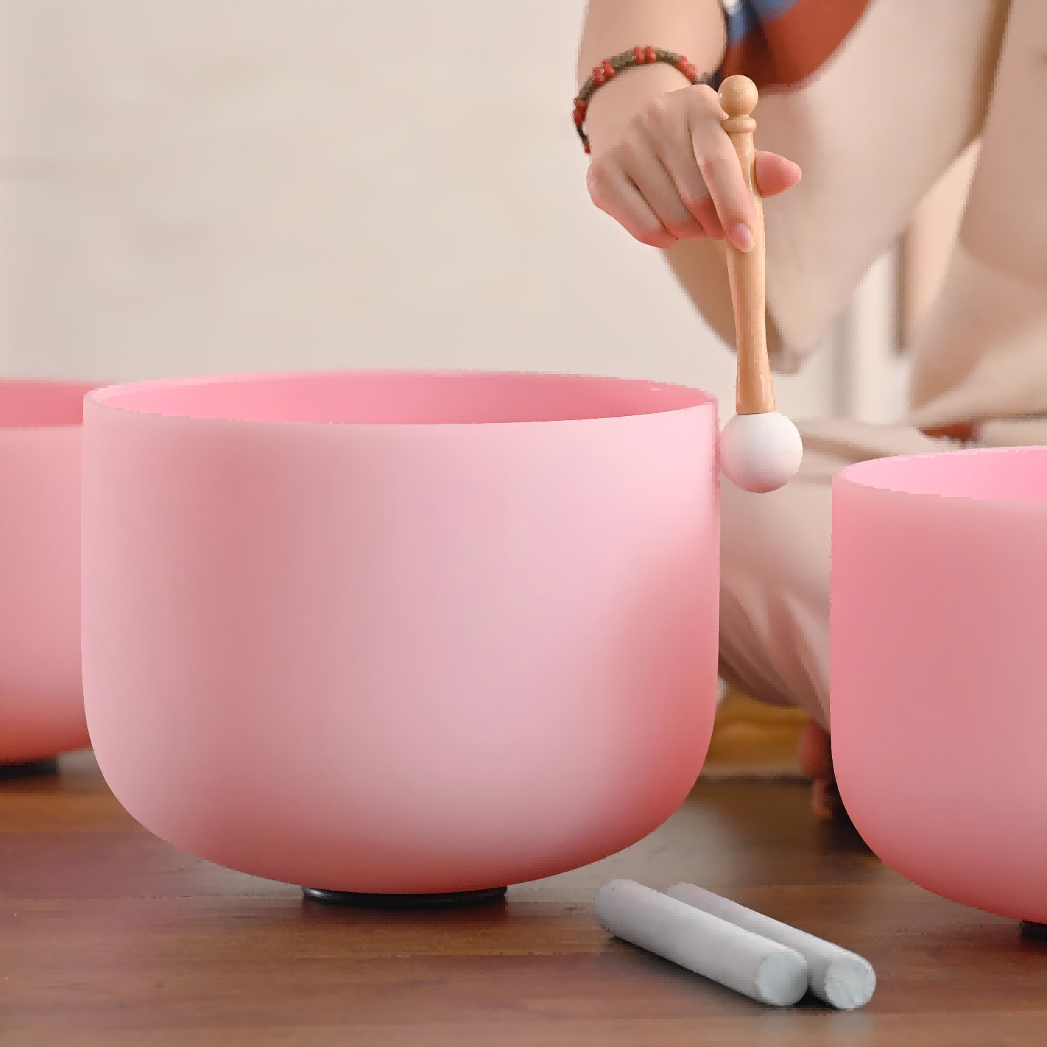 CVNC 6-12 Inch Pink Color Frosted Quartz Crystal Singing Bowls Chakra Set of 7 with Carry Case Bags for Sound Healing and Meditation