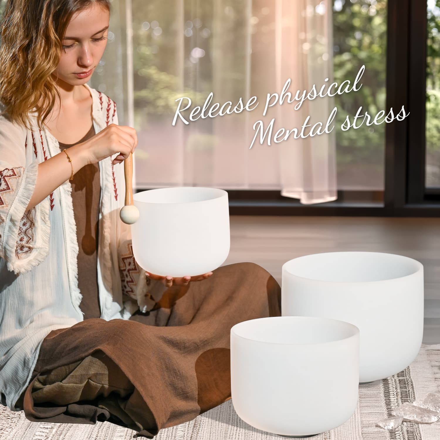 CVNC 7"G 9"E 11"C Frosted Quartz Crystal Singing Bowl Set With Carrier Bag For Sound Healing