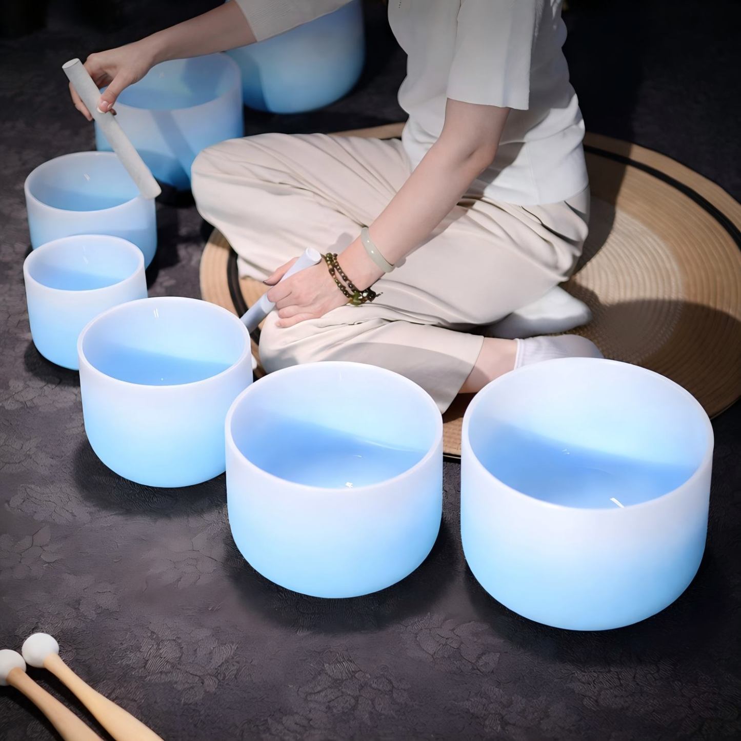 CVNC 6-12 7PCS Blue Aria Gradient Design Crystal Singing Bowl Set With Grey Carrier Bag For Chakra Healing Meditation