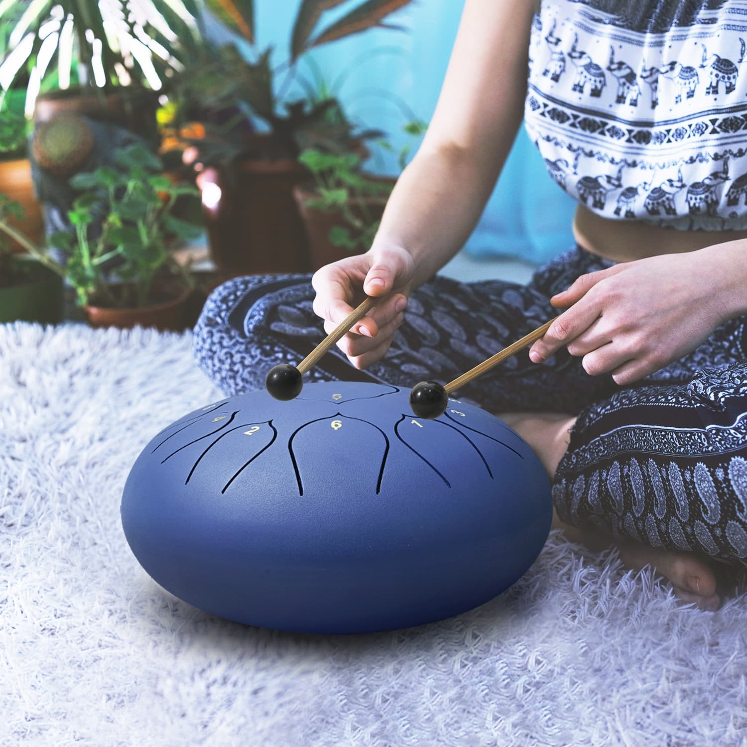 CVNC 12 Inches 13 Notes Blue Lotus Steel Tongue Drum Percussion Instrument Hand Pan Drum with Free Padded Travel Bag & Mallets