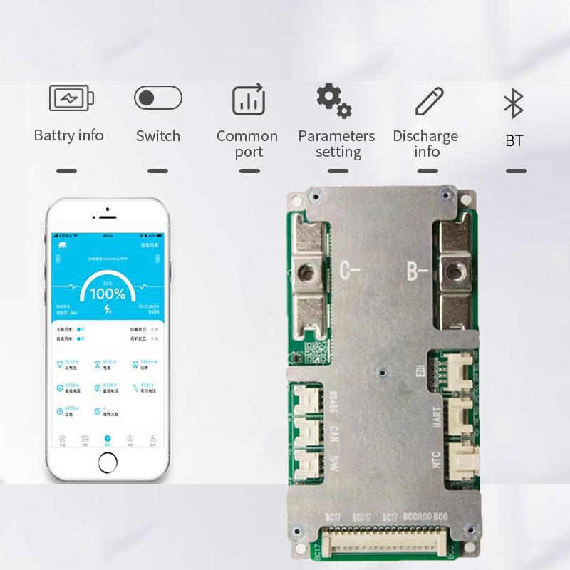 BMS lifepo4/Liion 17S 60A 80A 100A built-in Bluetooth with UART, RS485, CAN, Discharge Switch,balancing function