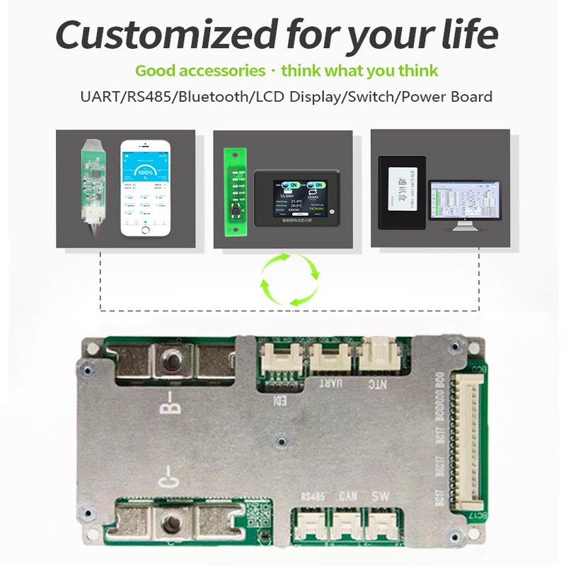 BMS lifepo4/Liion 17S 60A 80A 100A built-in Bluetooth with UART, RS485, CAN, Discharge Switch,balancing function
