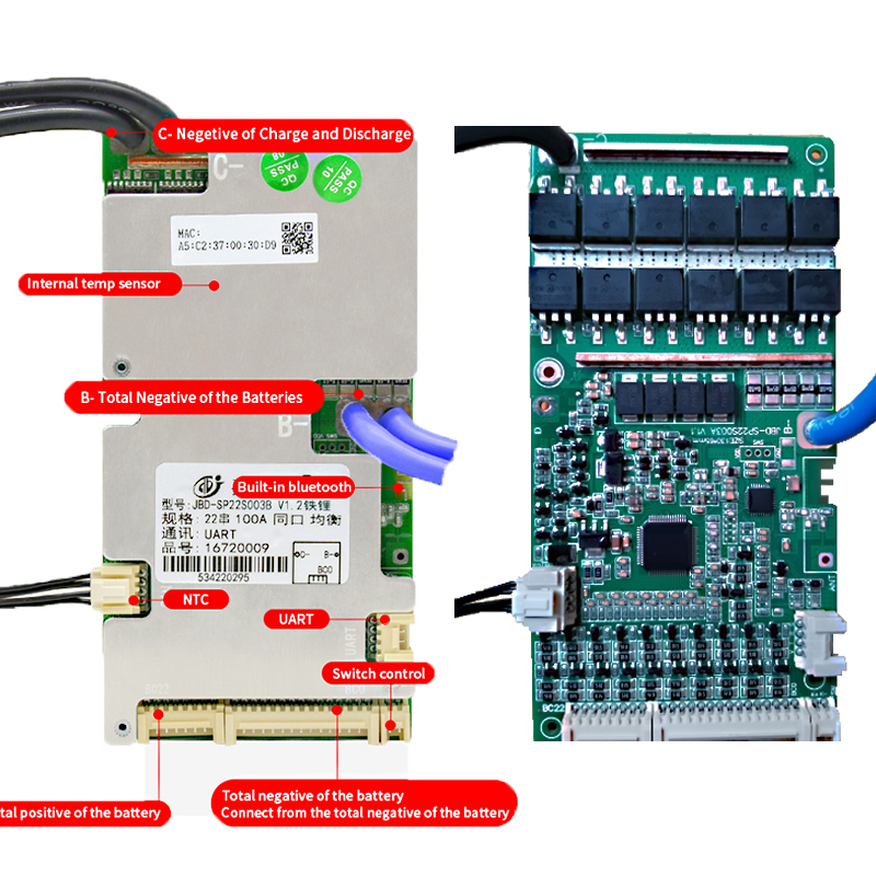 Hot selling 18650 lithium Li-ion uart BMS 10s 36v 100a jbd smart 16S 48v 200a bms lifepo4 for lifepo4 battery