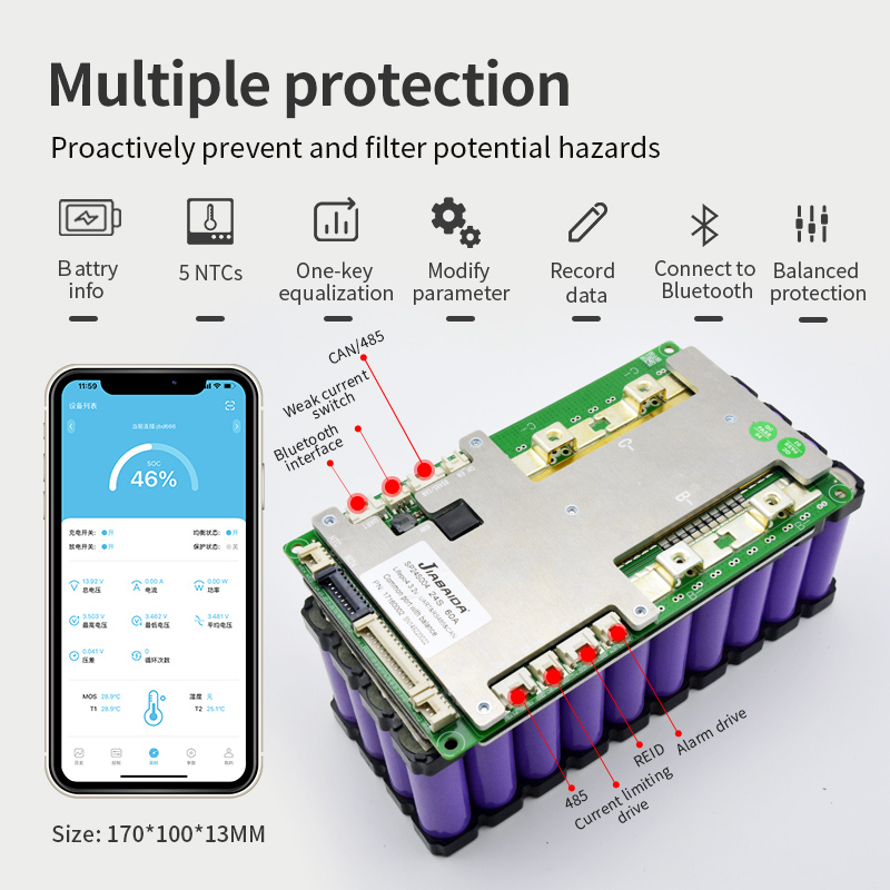 JBD SMART BMS 4NTC sensor 24S 150A Lipo4/Li-ion battery pack 72V 40A 60A 100A bms high voltage with UART/Rs485/CANBUS/BUZZER