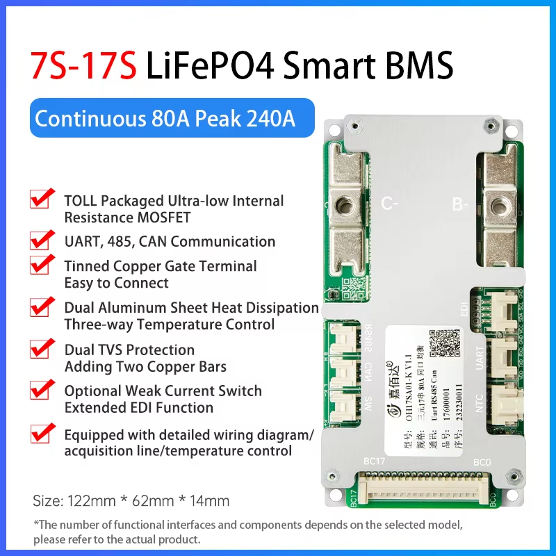 BMS lifepo4/Liion 17S 60A 80A 100A built-in Bluetooth with UART, RS485, CAN, Discharge Switch,balancing function