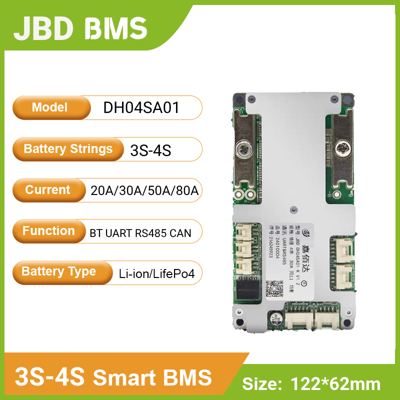 JBD BMS 3S-4S Smart BMS 12v Lifepo4/Li-ion 20A 30A 50A 80A Battery Management System with UART RS485 Canbus Function