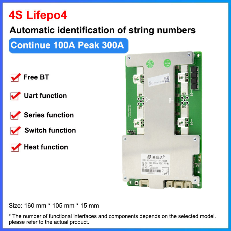 Jiabaida lithuim battery BMS 18650 charger discharging balance 100a/150a 12v pcb protection board jbd smart 3s/4s lifepo4 bms