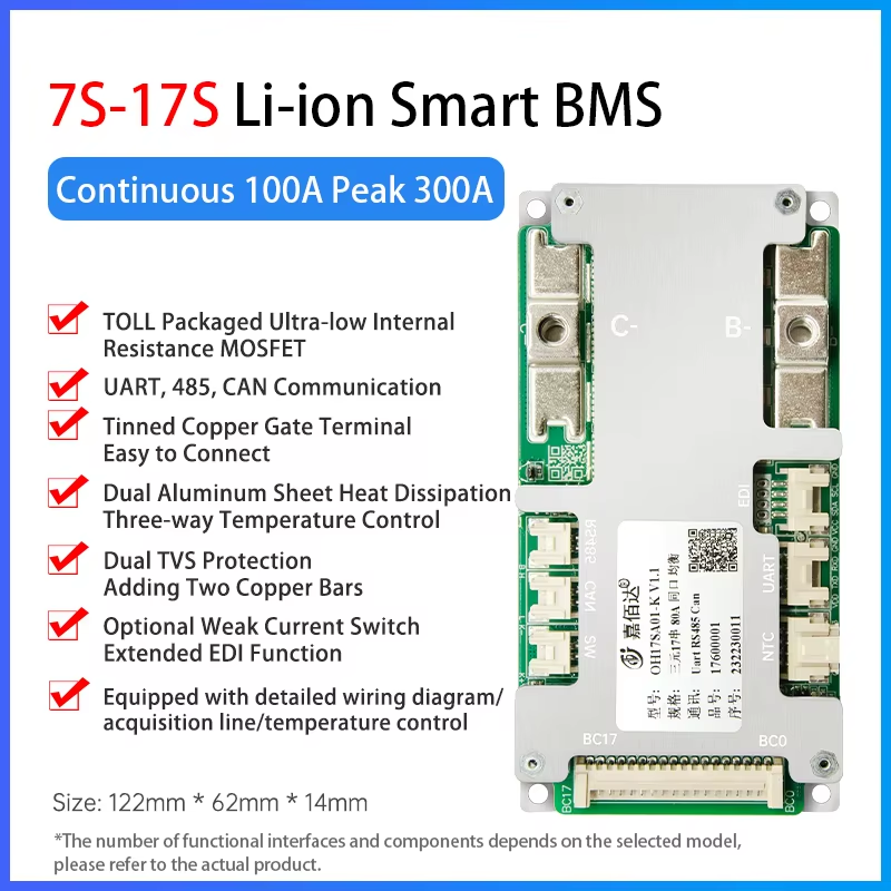 BMS lifepo4/Liion 17S 60A 80A 100A built-in Bluetooth with UART, RS485, CAN, Discharge Switch,balancing function