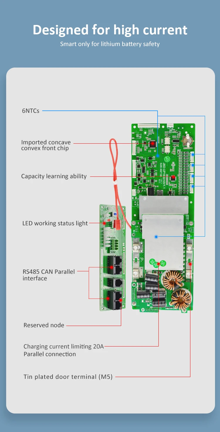 JBD UP16S010 Energy Storage BMS Lithium Ion Battery 18650 Charger Protect Board 60V 48 Volt Lifepo4 15S/16S 100A RS485/CAN BUS blue tooth BMS 48V
