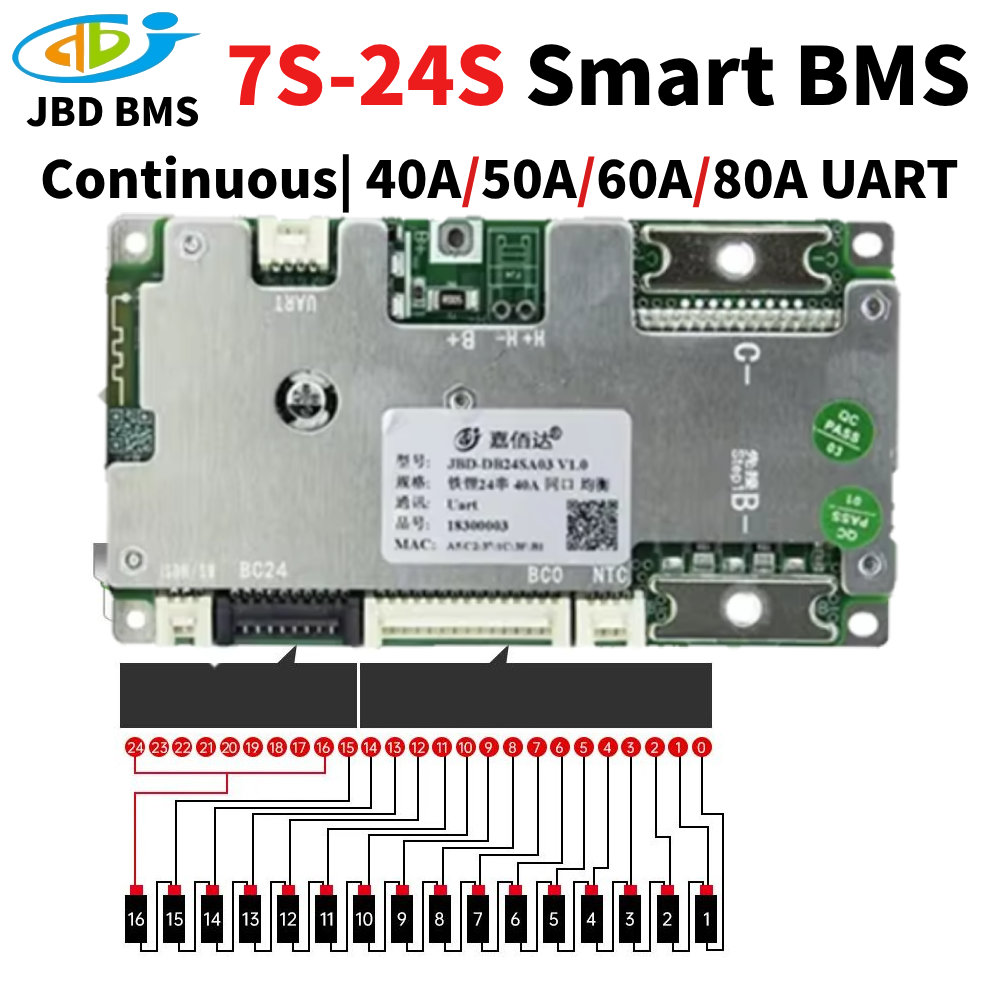 JBD Smart BMS 7S-20S Lifepo4/Li-ion 40A 50A 60A 80A BMS with Bluetooth