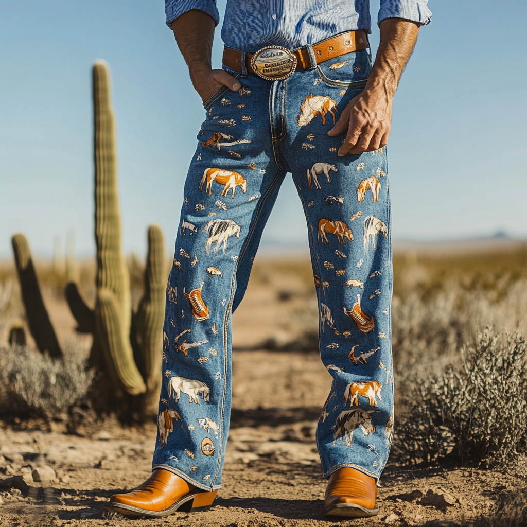Western Straight Jeans Cowboy Men's Fashion Casual Pants High Quality