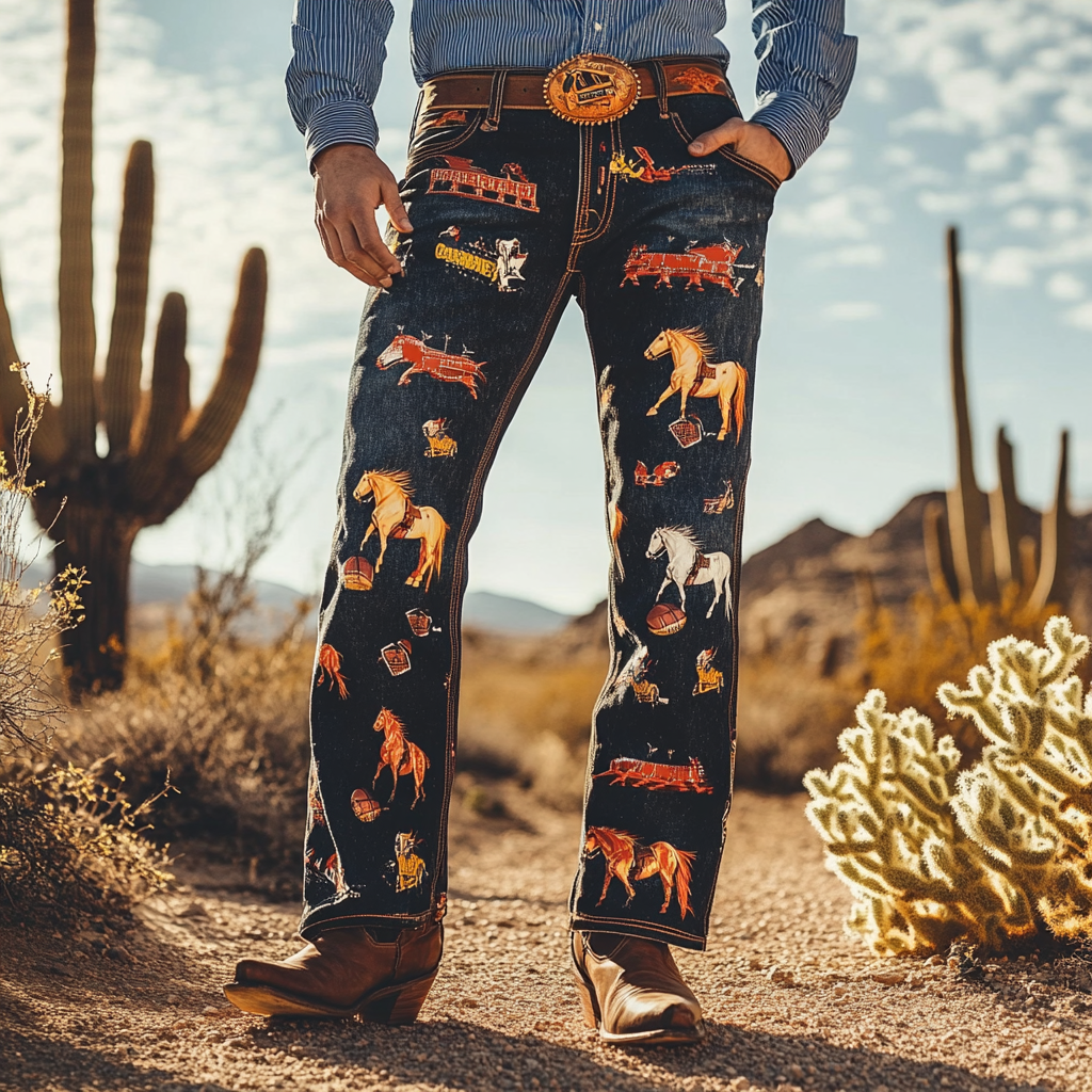 Western Straight Jeans Cowboy Men's Fashion Casual Pants High Quality