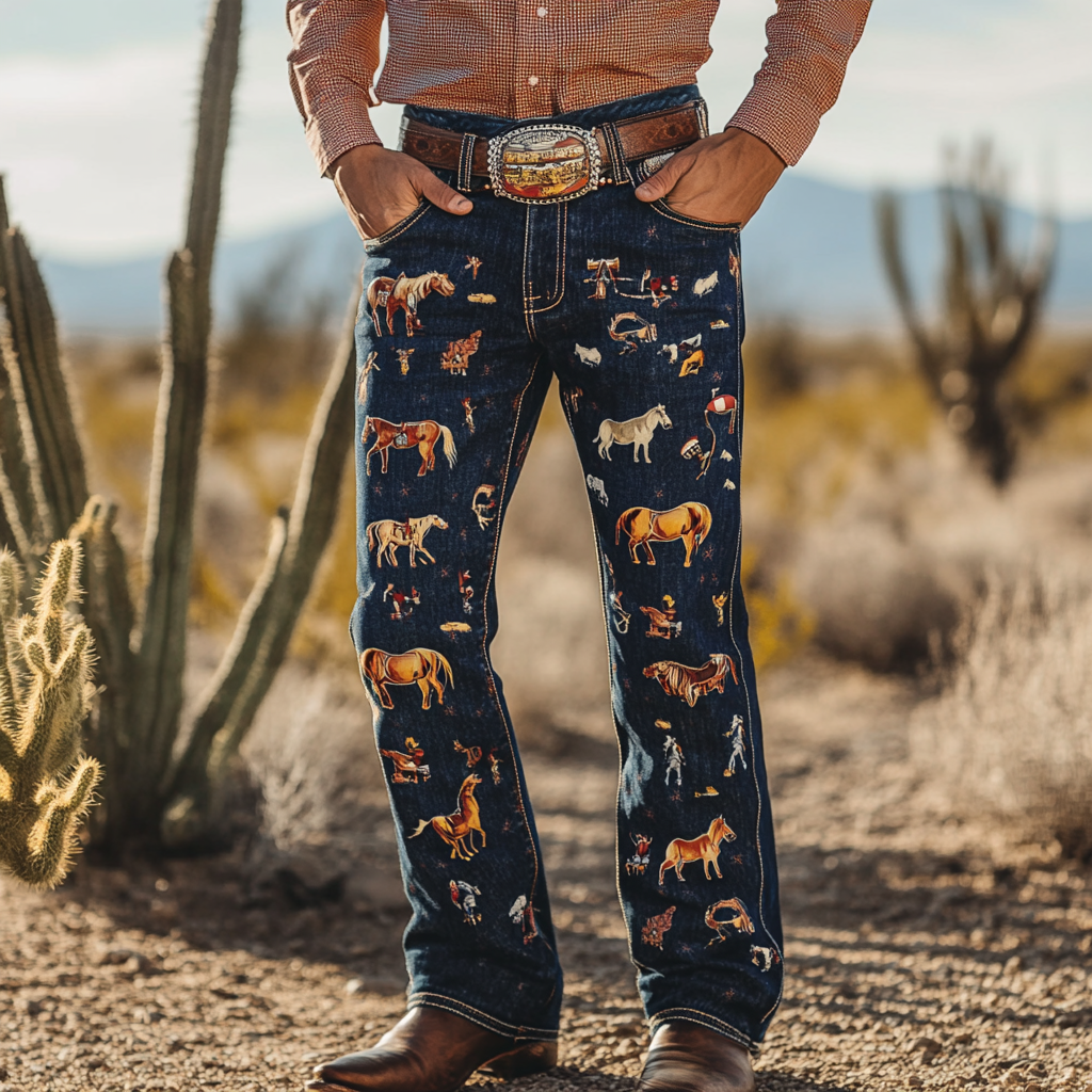 Western Straight Jeans Cowboy Men's Fashion Casual Pants High Quality