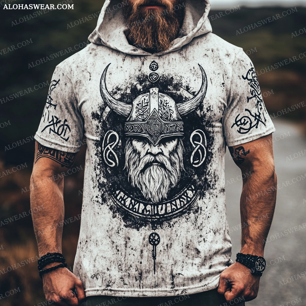 Viking Hooded T-shirt Retro Men's Fashion High quality 