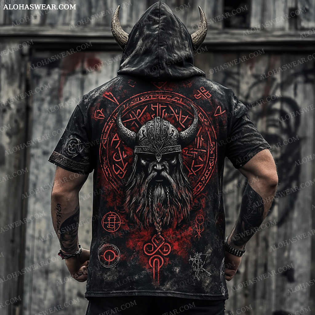 Viking Hooded T-shirt Retro Men's Fashion High quality 