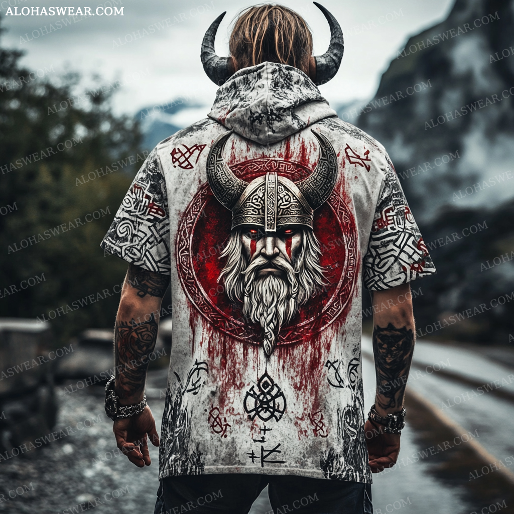 Viking Hooded T-shirt Retro Men's Fashion High quality 