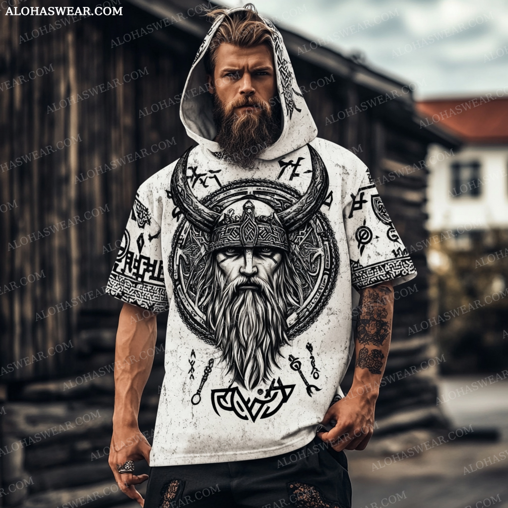 Viking Hooded T-shirt Retro Men's Fashion High quality 