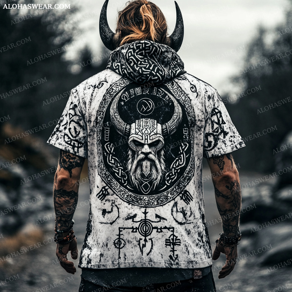 Viking Hooded T-shirt Retro Men's Fashion High quality 