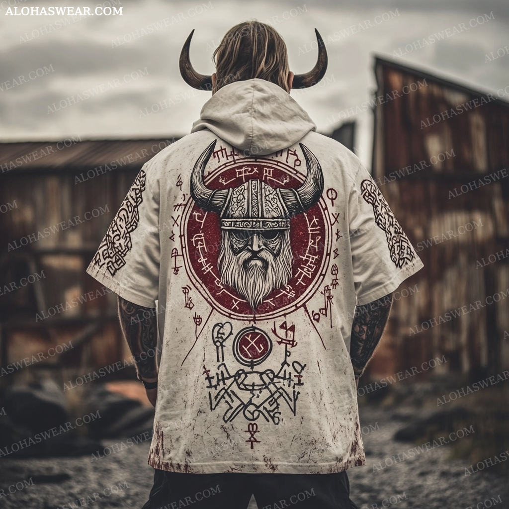 Viking Hooded T-shirt Retro Men's Fashion High quality 