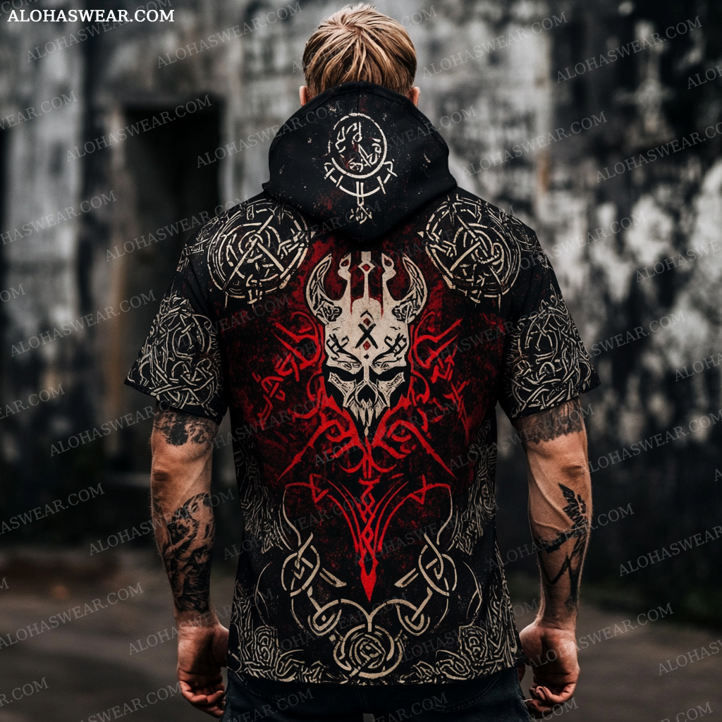Viking Hooded T-shirt Retro Men's Fashion High quality 