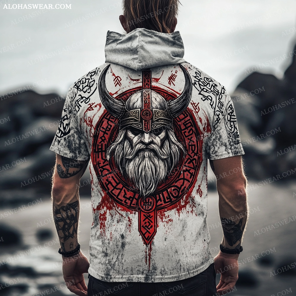 Viking Hooded T-shirt Retro Men's Fashion High quality 