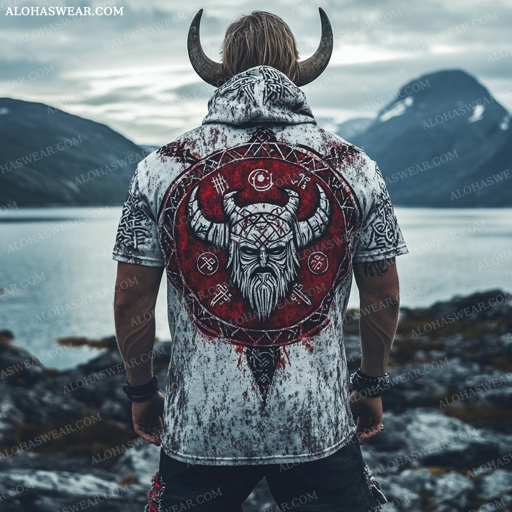 Viking Hooded T-shirt Retro Men's Fashion High quality 