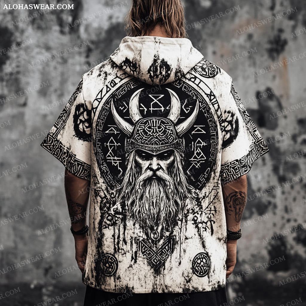 Viking Hooded T-shirt Retro Men's Fashion High quality 