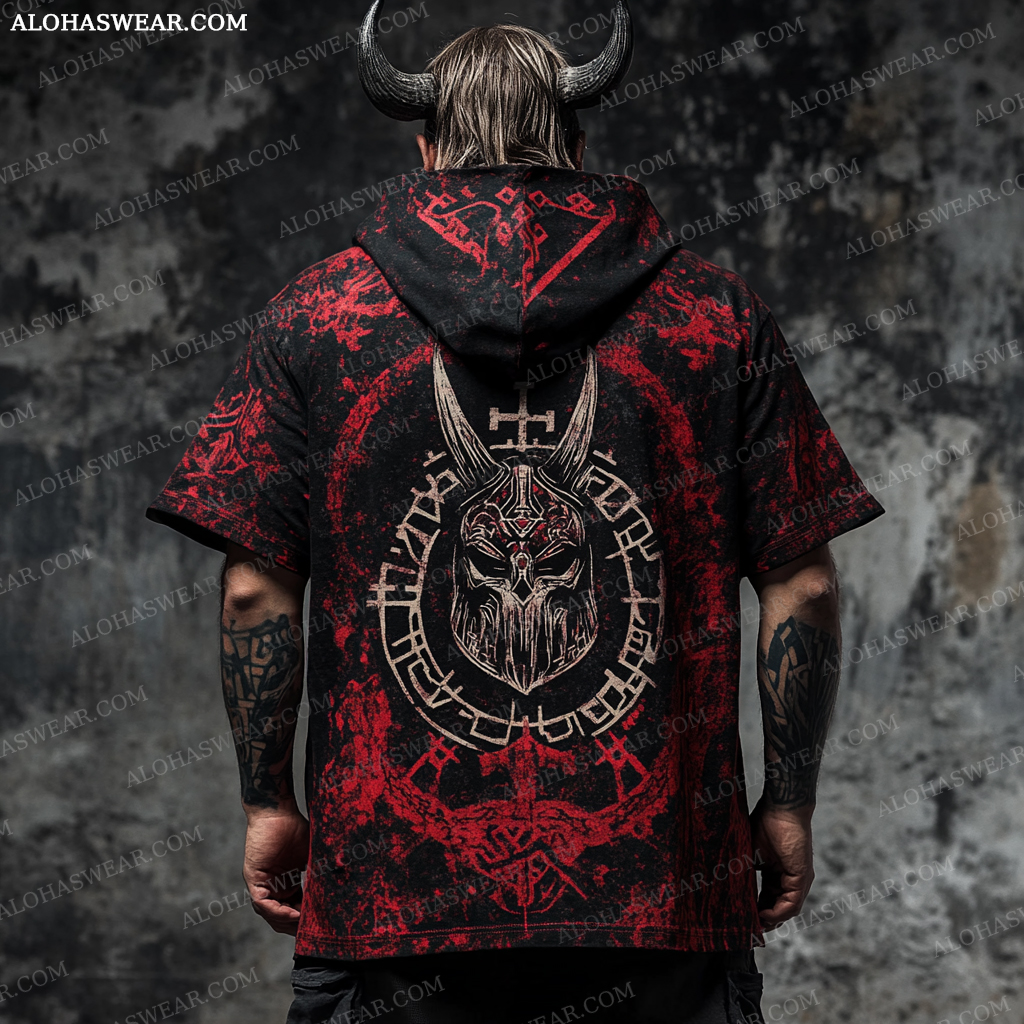 Viking Hooded T-shirt Retro Men's Fashion High quality 