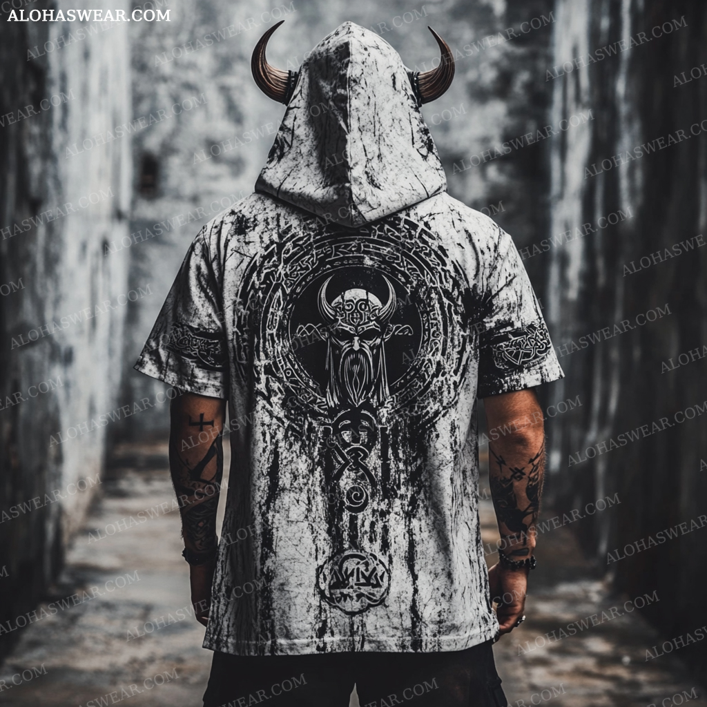 Viking Hooded T-shirt Retro Men's Fashion High quality 
