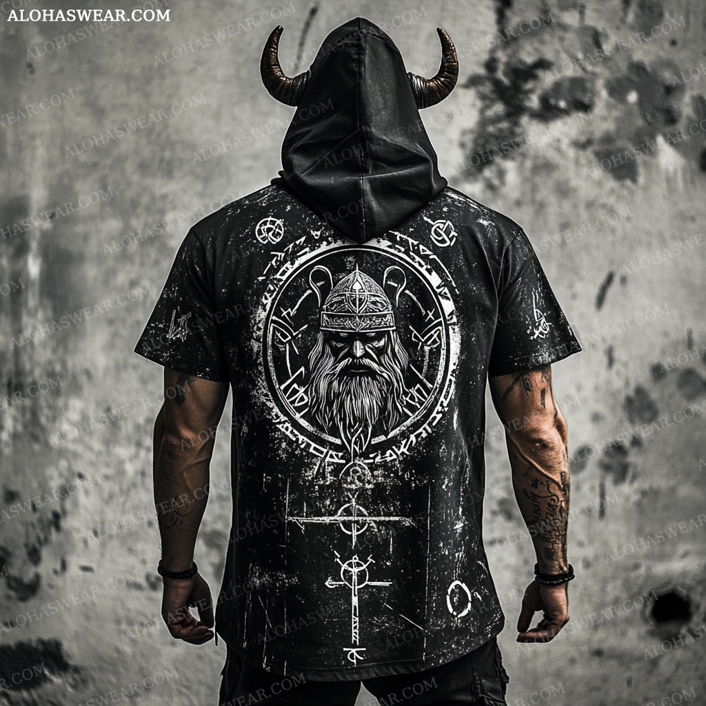 Viking Hooded T-shirt Retro Men's Fashion High quality 