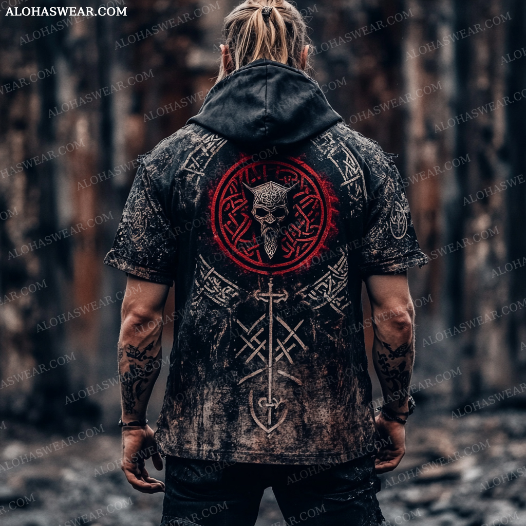 Viking Hooded T-shirt Retro Men's Fashion High quality 