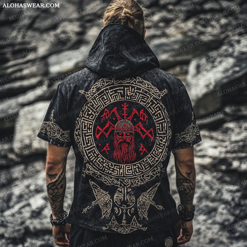 Viking Hooded T-shirt Retro Men's Fashion High quality 