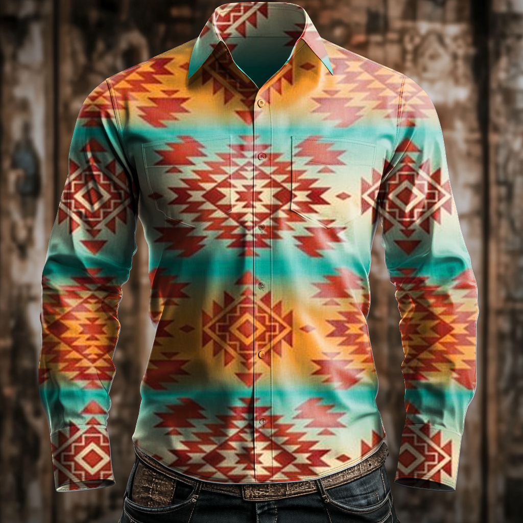 Western Styles Aztec Long Sleeve Shirt High Elasticity 