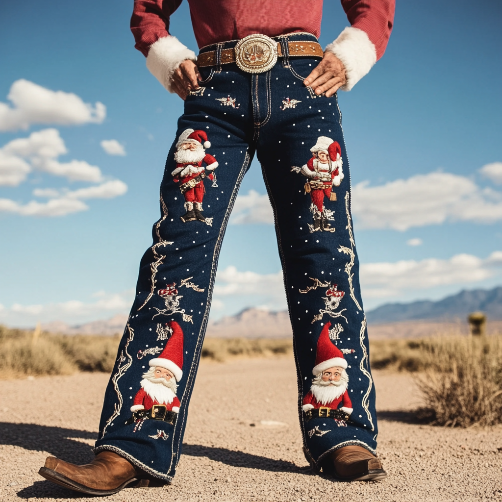 Christmas Western Straight Jeans Cowboy Men's Fashion Casual Pants High Quality