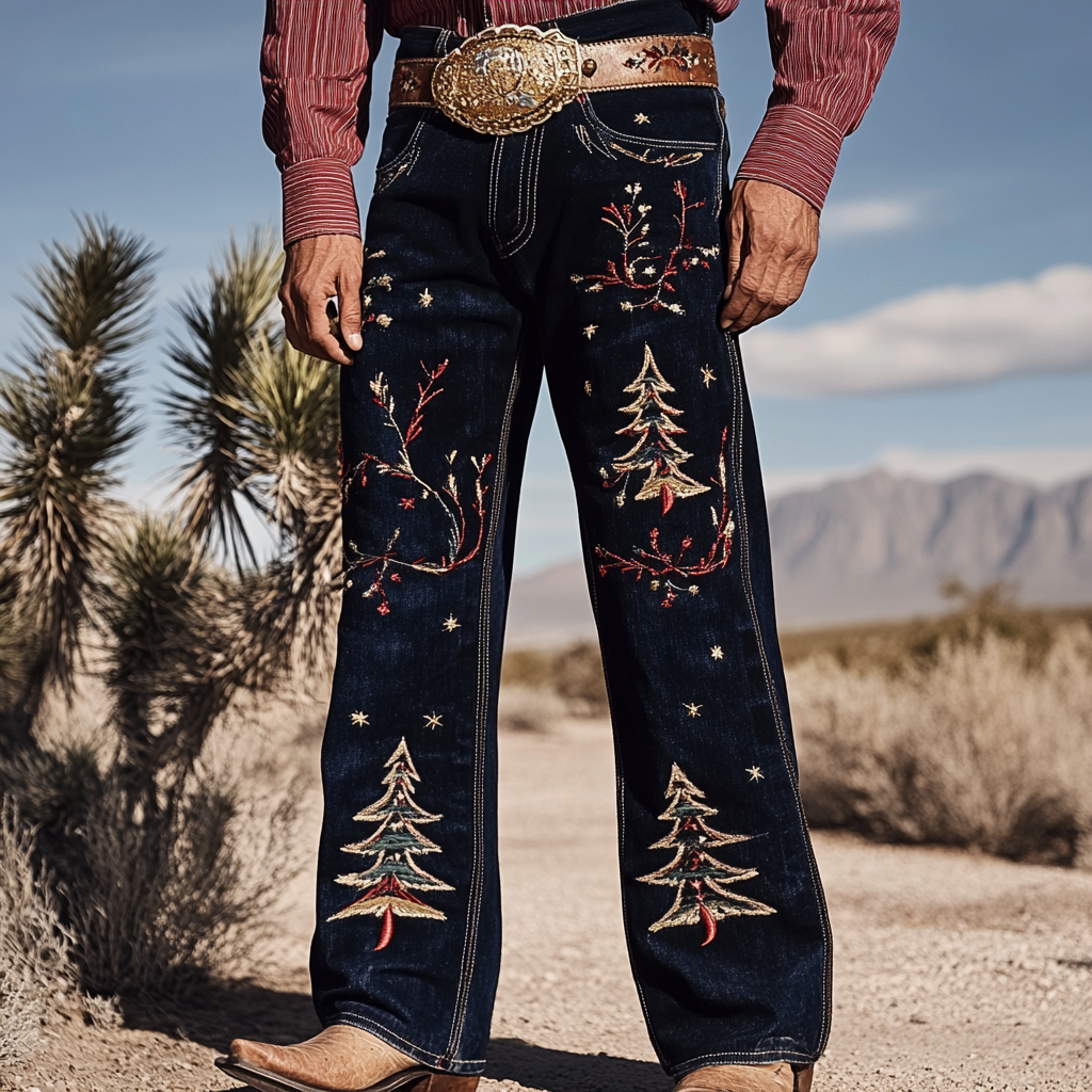 Christmas Western Straight Jeans Cowboy Men's Fashion Casual Pants High Quality