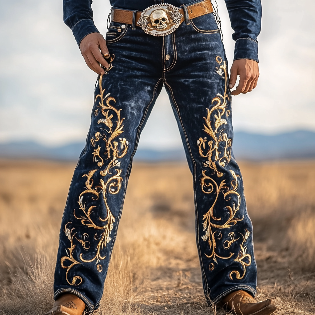 Western Straight Jeans Cowboy Men's Fashion Casual Pants High Quality