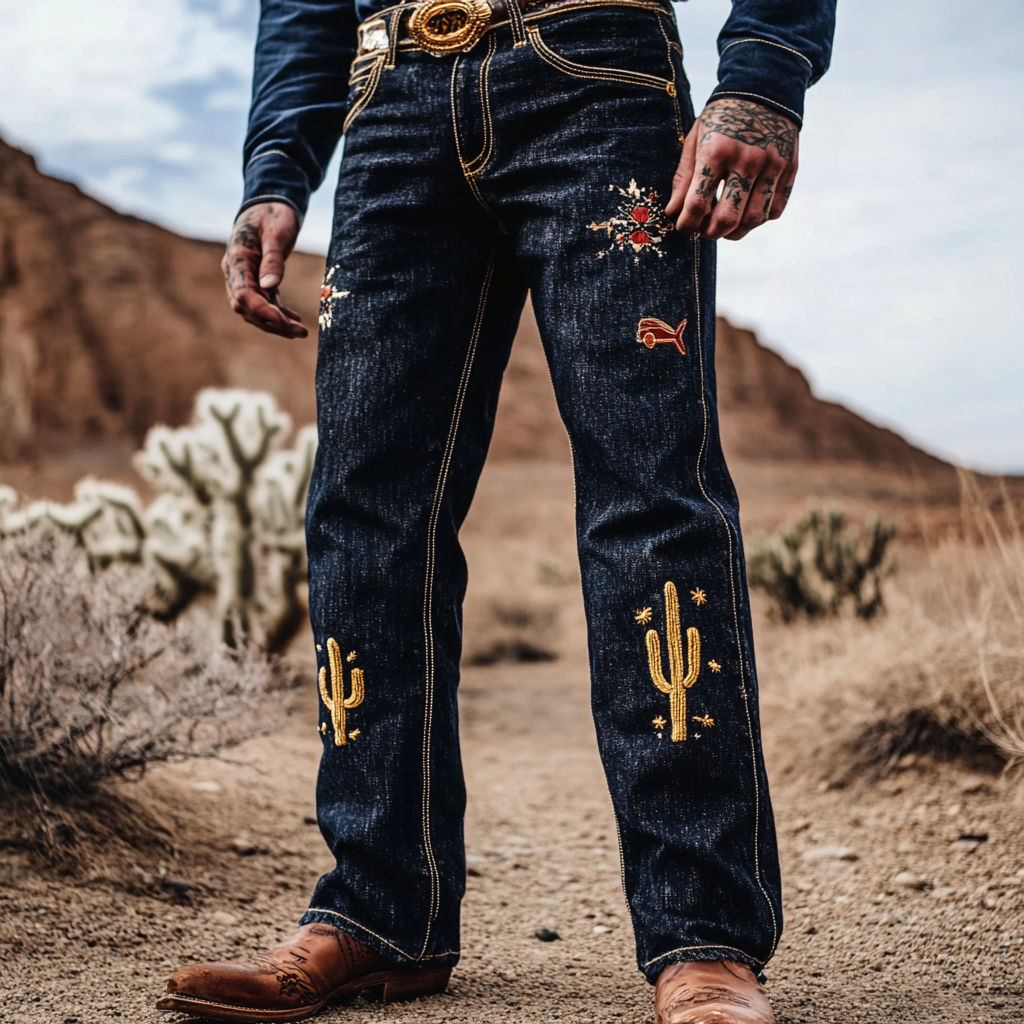 Western Straight Jeans Cowboy Men's Fashion Casual Pants High Quality