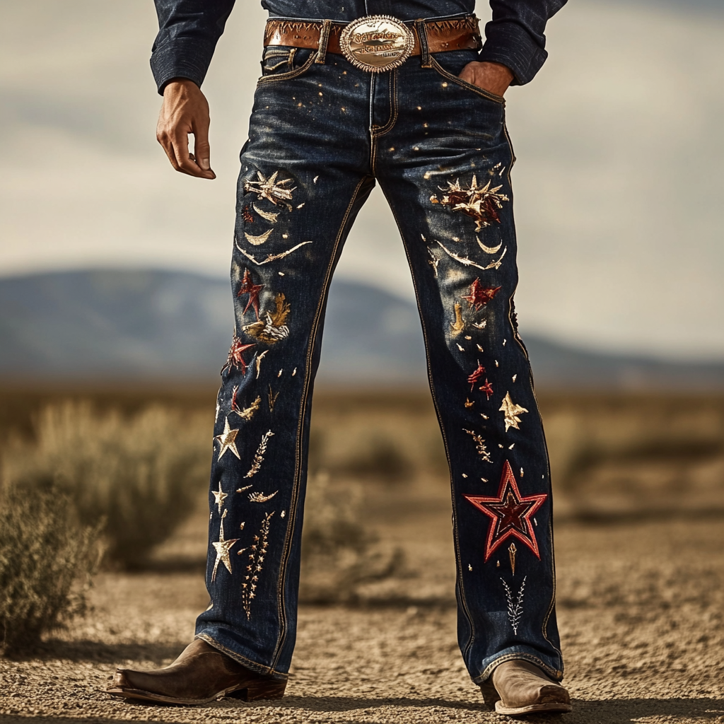 Western Straight Jeans Cowboy Men's Fashion Casual Pants High Quality