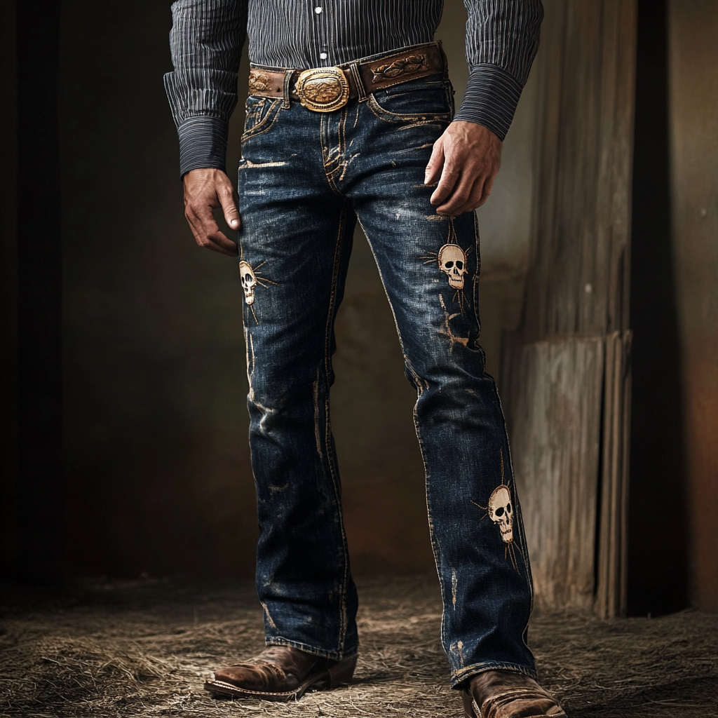 Western Jeans Cowboy Men's Unique Fashion Casual Pants High Elasticity